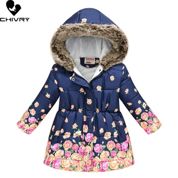 Новая детская зимняя длинная куртка с хлопковой подкладкой для маленьких девочек, Парка с капюшоном и меховым воротником с мультяшным принтом, Детские толстые теплые пуховики