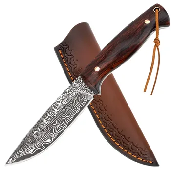 Текстура Дамаска с фиксированным лезвием D2 в кожаных ножнах, прочный и острый охотничий нож для улицы, Удобная ручка из сандалового дерева