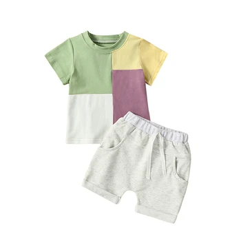 Комплекты шорт из 2 предметов для маленьких мальчиков, топы контрастного цвета с короткими рукавами и шорты на завязках, комплекты летней одежды