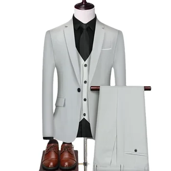 (Куртка + жилет + Брюки) Осенне-зимний мужской костюм 2023, Новый тренд, приталенный, Красивый костюм, комплект из 3 предметов, Свадебный мужской костюм на одной пуговице