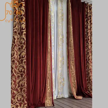 Французский дворец Винно-красная Бархатная вышивка Утолщенные шторы с затенением для гостиной Спальни Виллы с высоким окном на Заказ