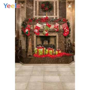 Рождественский камин Носок Подарочный венок Деревянный пол Фон для домашнего декора Фотография на заказ Фотографический фон для фотостудии